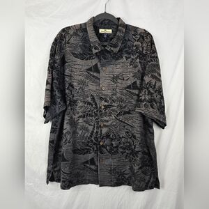 Tommy Bahama Men's sz XL Silk Hawaiian Sailboat Tropical Floral Gray Shirt